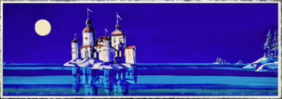 Konstverk av Ariana Ramhage som visar Läckö slott på en klippudde i nattljus med fullmåne och reflektioner i vattnet.