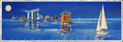 Grafiskt konstverk av Ariana Ramhage föreställande Nidingens fyrar i nattljus med fullmåne och en segelbåt.