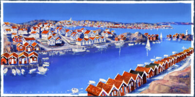 Panorama-målning av Malmön med röda sjöstugor, blått hav och bohuslänsk bebyggelse.