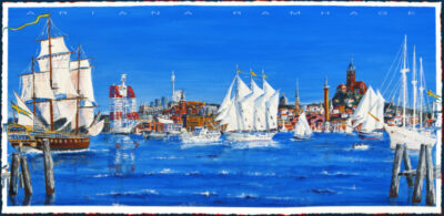 Fine Art Print av Ariana Ramhage föreställande Göteborg med Älven och Hamnen. Ostindiefararen och andra fartyg och Sjöbefälsskolan. Göta Älv i förgrunden.