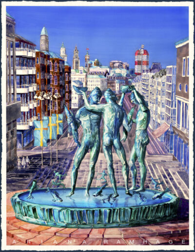 Målning av Poseidon-fontänen på Götaplatsen i Göteborg med Kungsportsavenyen i bakgrunden.