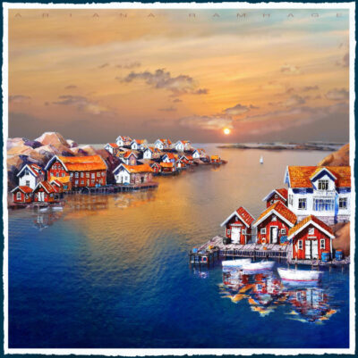 Konstverk av Ariana Ramhage föreställande Kyrkesund på Tjörn, tillgängligt både som canvas och inramat Fine Art Print.