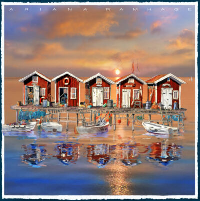 ine Art Print av Ariana Ramhage: Röda sjöbodar i solnedgång med fiskeredskap och ekor i Bohuslän. Red boathouses and fishing boats in Sweden sunset.