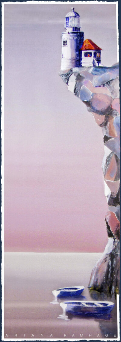 Panorama-akvarell föreställande Kullens fyr på Kullaberg i dagsljus, inramad i silverlackad träram.