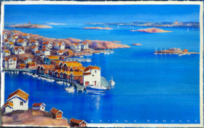 Konstverk av Ariana Ramhage föreställande Björkö hamn med ishuset och sjöbodar, med Öckerö och Kalvsund i bakgrunden. Intensiva blå toner.