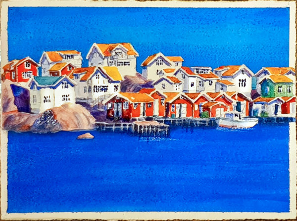 Klädesholmen-bodar och hus är en mindre akvarell med röda fiskebodar och vita hus under blå sommar himmel.