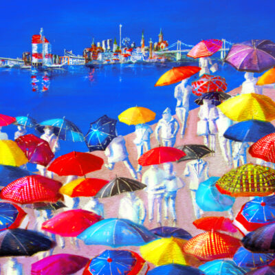 Målning föreställande en folk med färgglada paraplyer i Göteborg med Älvsborgsbron i bakgrunden.