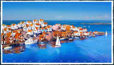 Målning av Klädesholmen i Bohuslän med vita hus, fiskebodar och segelbåtar i hamnen en solig sommardag.