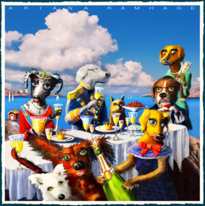 Konstverk av Ariana Ramhage: Åtta hundar som firar midsommar med champagne och dessert vid ett dukat bord i skärgården.