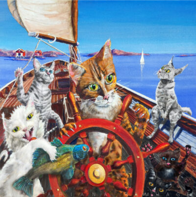 Konstverk av Ariana Ramhage föreställande sex naturtrogna katter som seglar en gammaldags båt i Bohuslän, med röda sjöbodar och rosa granitklippor i bakgrunden. En katt står vid rodret och en annan har precis fångat en fisk.