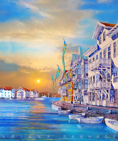 Målning av Marstrand med Hedvigsholmen i solnedgång, vita trähus med balkonger och båtar vid kajen.