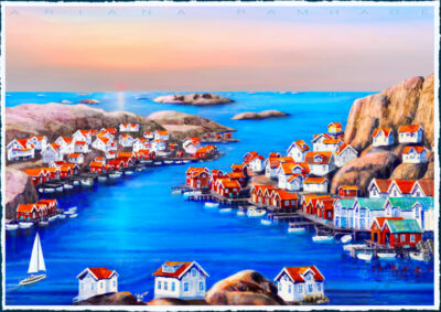 Fine Art Print av Ariana Ramhage föreställande Hamburgsunds kanal med rosa granitklippor, vita hus, röda sjöbodar och segelbåtar.