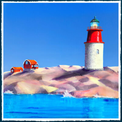 Fine Art Print av Ariana Ramhage föreställande Hållö fyr i Smögen/Kungshamn under en klarblå himmel med mjuka, rosa granitklippor i förgrunden.