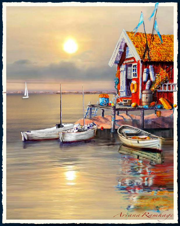 Fine Art Print av Ariana Ramhage: Sjöboden Emilia med träbrygga och tre ekor i varmt gult ljus. Traditional Swedish boathouse and rowing boats.