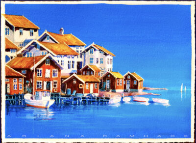 Akvarell av Gullholmen med blått hav, röda hus och en vit båt i förgrunden.