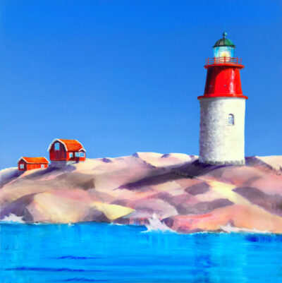 Originalmålning i olja av Ariana Ramhage föreställande Hållö fyr på rosa granitklippor under en blå himmel. Format 70x70 cm.