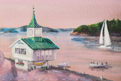 Akvarellmålning av Musselbaren i Lyckorna, Ljungskile, skapad av konstnären Ariana Ramhage. Klassisk bohuslänsk arkitektur vid havet.