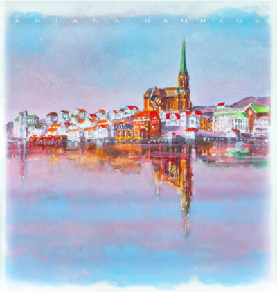 Kvadratisk inramad akvarell av Lysekil med vit ram och enkel passepartout.