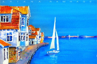 En unik akvarell av Smögenmed det gamla lotsens hus i förgrunden och Smögenbryggans färgglada bodar i bakgrunden. Konst av Ariana Ramhage.