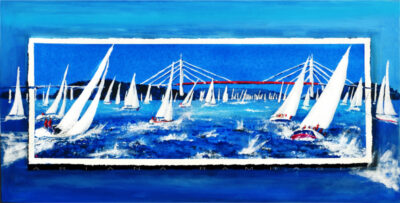 Panorama-akvarell med segelbåtar under Tjörnbron, professionellt inramad i silverram.