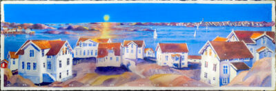 Panoramamålning över Fiskebäckskil med utsikt mot Lysekil.