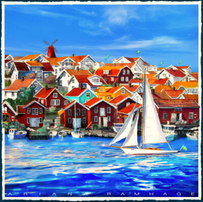 Fine Art Print av Ariana Ramhage föreställande Fiskebäckskil med en segelbåt och hus i pastellfärger på bohuslänska klippor.