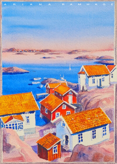 Akvarellmålning föreställande historiska röda och vita hus på Flatholmen med Klädesholmen vid horisonten, målad av Ariana Ramhage.