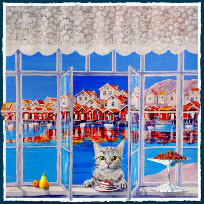 Oljemålning av Ariana Ramhage föreställande en katt som kikar in genom ett fönster i Hälleviksstrand, sedd inifrån med en tårta i förgrunden.