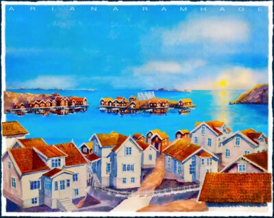 Konsttryck av Hunnebostrand i solljus och vit träram.