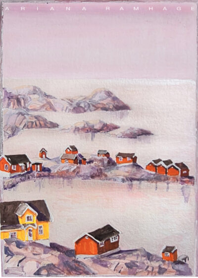 Akvarellmålning av Väderöarna, Väderöarnas Värdshus med röda bodar och rosa himmel.