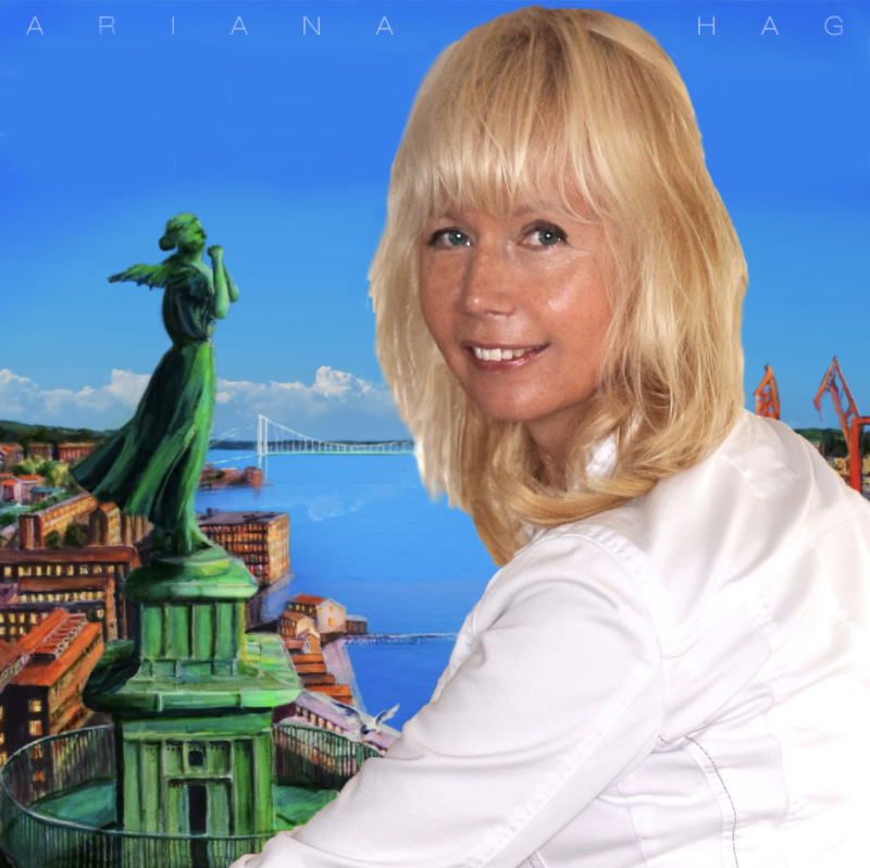 Färgporträtt av konstnären Ariana Ramhage i sin ateljé, framför en nyligen färdigställd målning av Göteborg och Göta Älv.