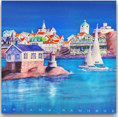 Akvarellmålning av Marstrand med Societetshuset, en fyr och en segelbåt under en klarblå himmel, konst av Ariana Ramhage.